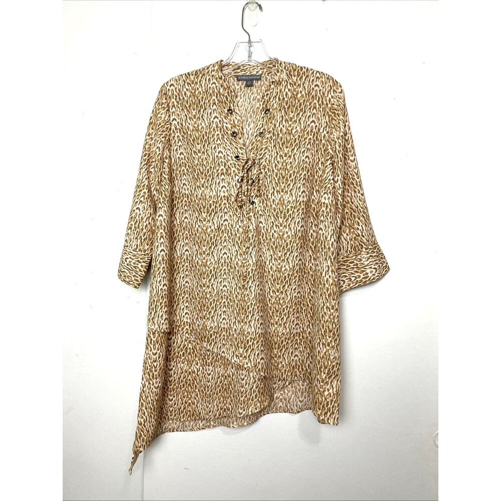 Jessica London Blouse Plus Size 12W Brown Animal Print Asymetric Sleeve 3/4 Tie